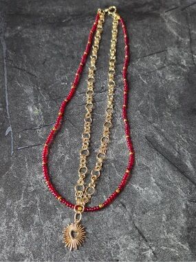 Gold Sunburst Heart Pendant Necklace with Red Beaded Strand